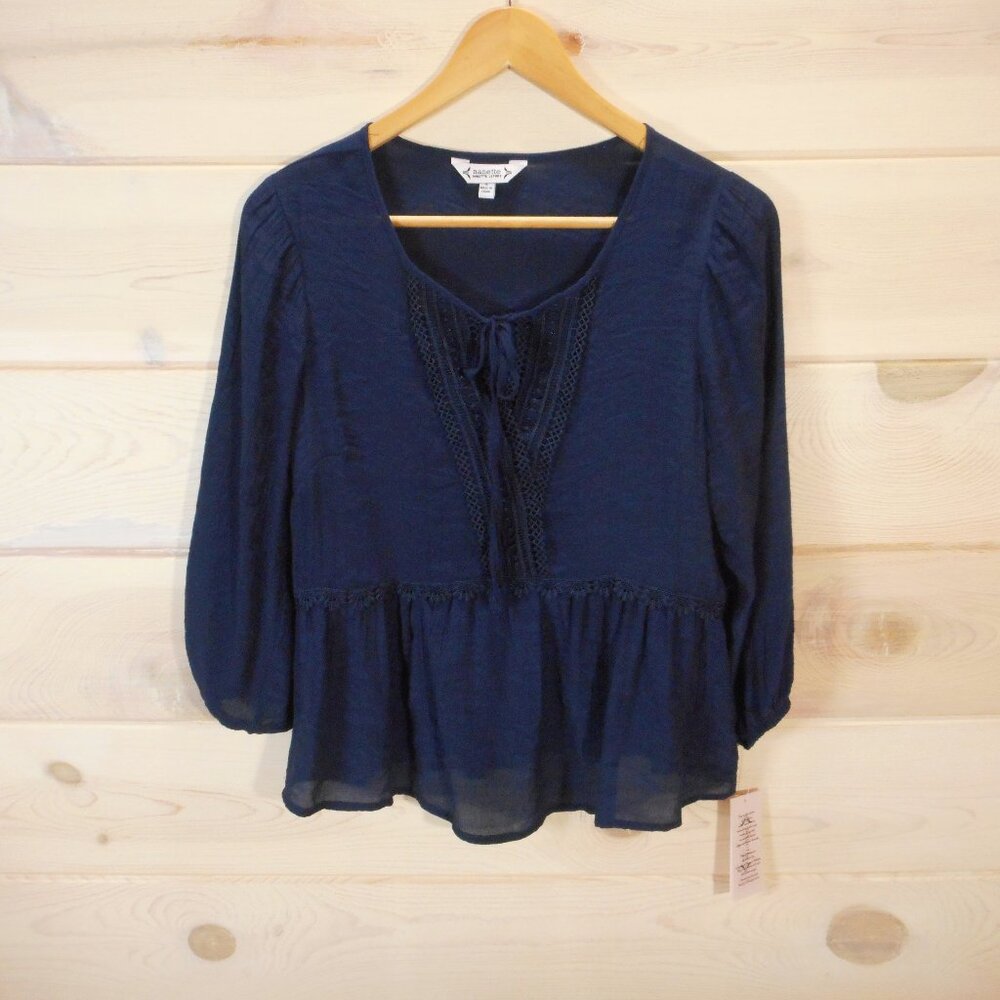 NWT Nanette Lepore Women's size S Navy Blue Lightweight Boho Top Sheer Crochet